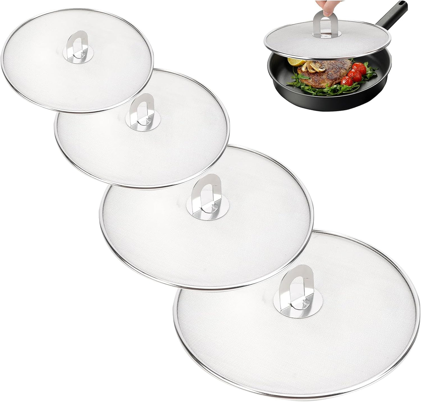 4PCS Splatter Screen for Frying Pan, Stainless Steel Grease Splatter Guard, Hot Oil Splatter Screen with Foldable Knob, Ultra-Fine Mesh No Burns Keeps Kitchen Clean(8", 10", 11.5", 13")