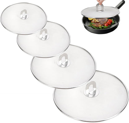 4PCS Splatter Screen for Frying Pan, Stainless Steel Grease Splatter Guard, Hot Oil Splatter Screen with Foldable Knob, Ultra-Fine Mesh No Burns Keeps Kitchen Clean(8", 10", 11.5", 13")