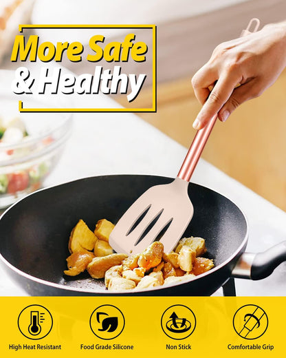Pack of 4 Silicone Cooking Utensils Set, Non Stick Large Solid Spatulas, Heat Resistant Black Slotted Spoons, Ideal BPA Free Kitchen Turners for Frying, Mixing,Serving,Draining,Turning,Stirring