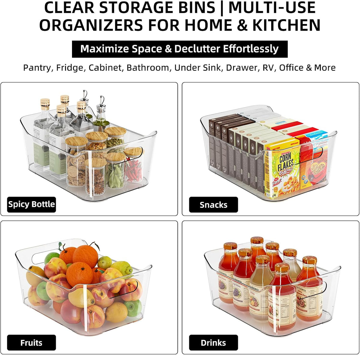 12 Pack Clear Plastic Storage Bins, Pantry Organizers and Storage, Multi-Use Clear Pantry Organizer Bins Storage Containers with Handles for Kitchen, Bathroom, Freezer, Cabinet, Office