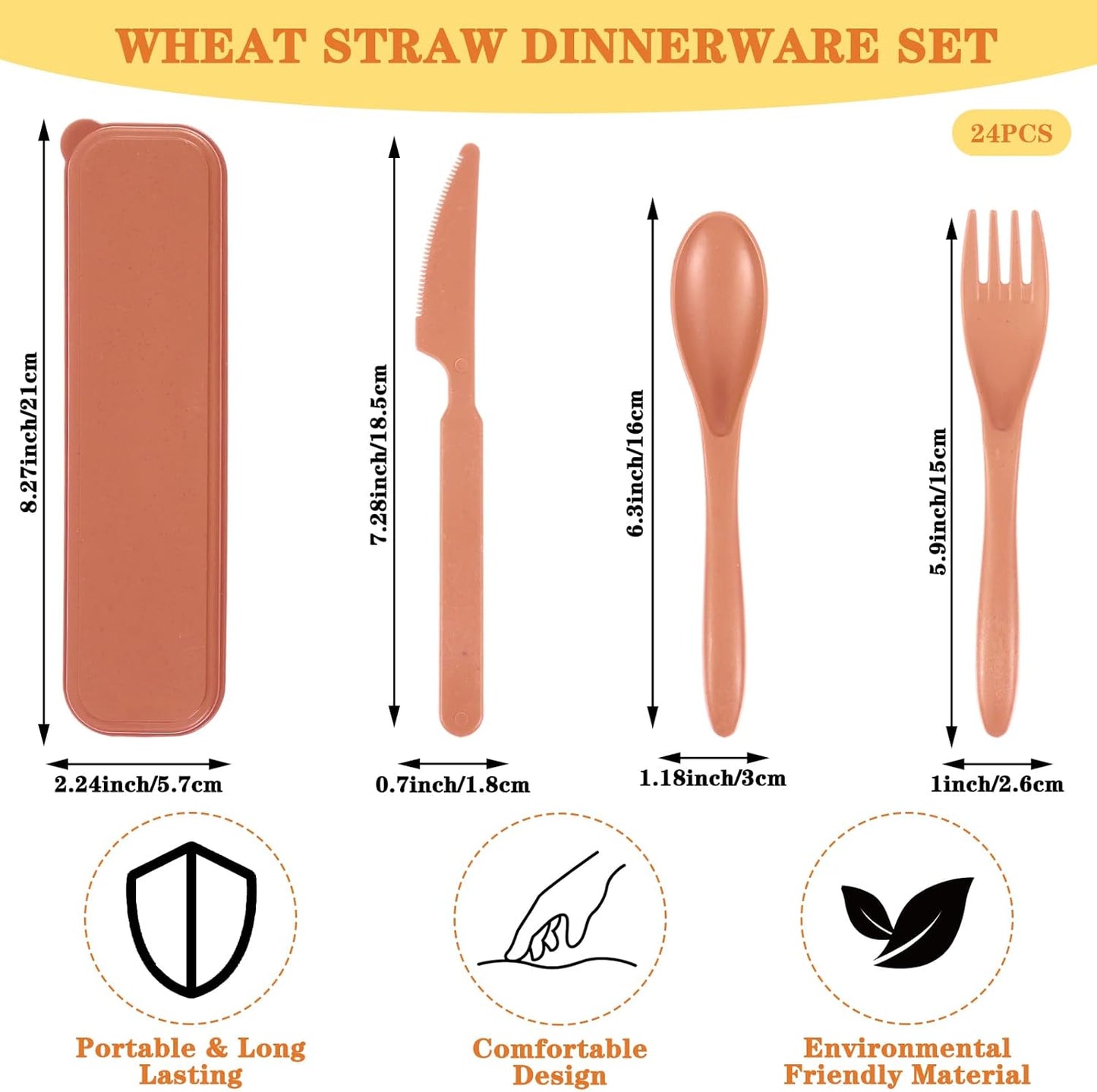 24 Sets Reusable Travel Utensils Set with Case, Wheat Straw Portable Knife Fork Spoons Cutlery, Eco-Friendly BPA Free Plastic Tableware for Kids Adults Travel Picnic Camping Utensils (8 Colors)