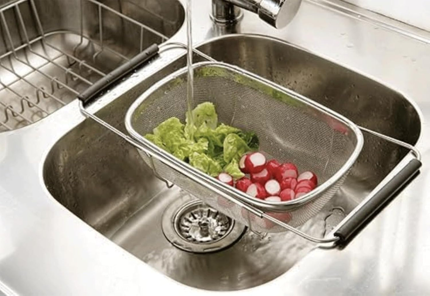 Professional-Grade Stainless Steel Colander – 6-Quart Over-Sink Expandable Strainer Basket with Non-Slip Silicone Handles, Fine Mesh Sieve for Draining Pasta, Washing Veggies, Rinsing Rice & More