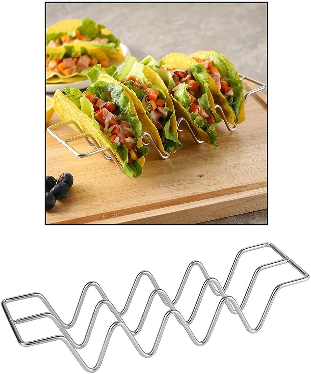 Dependable Industries inc. Essentials 3-Pack Stainless Steel Taco Holder Stand – Holds 4 Tacos Each, Oven & Grill Safe, Dishwasher-Safe Metal Taco Tray for Hard & Soft Shells, Taco Bar Serving Rack