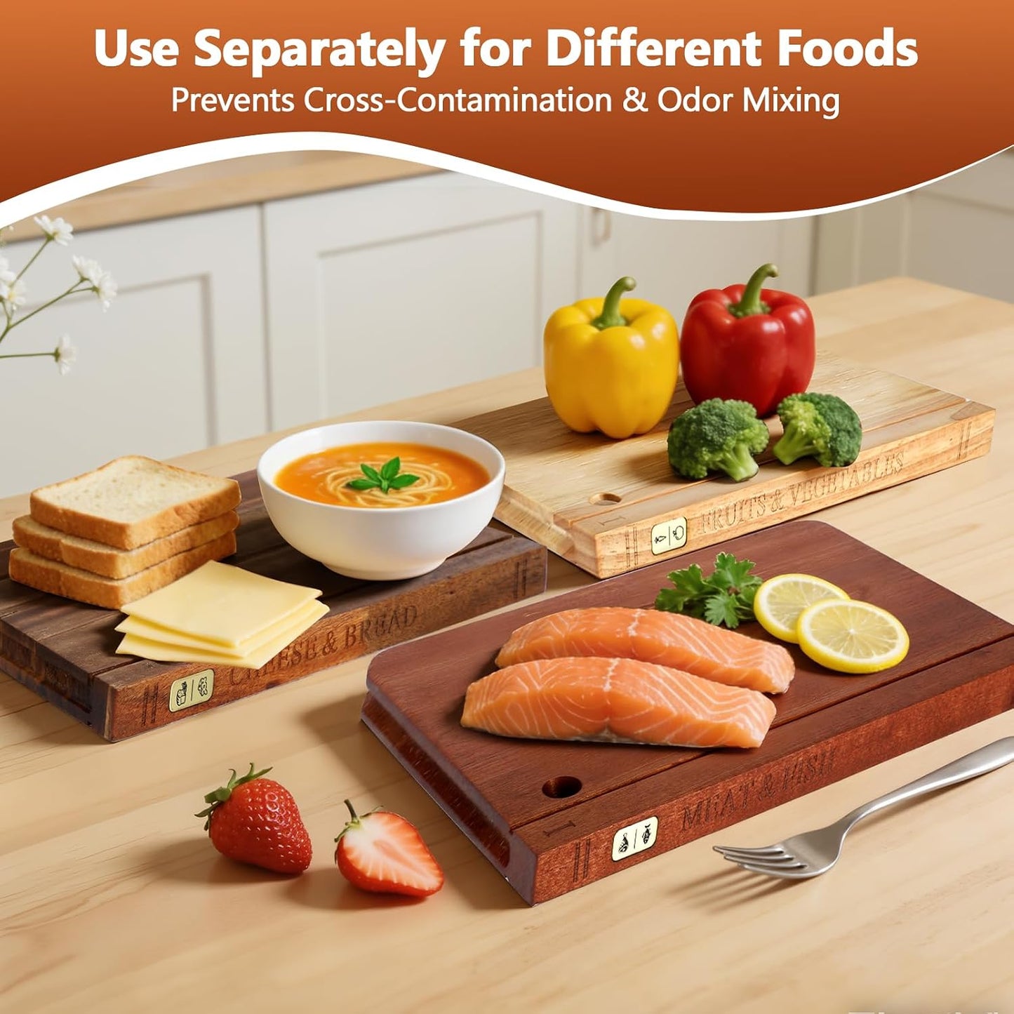 Book Cutting Board Set with Separated Stand, 3 Piece [Acacia/Ebony/Rubber] Wood Cutting Boards That Look Like Books for Kitchen Decor, Reversible Thick Chopping Board with Brass Food Labels