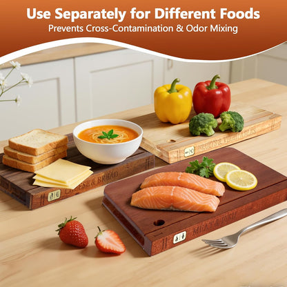 Book Cutting Board Set with Separated Stand, 3 Piece [Acacia/Ebony/Rubber] Wood Cutting Boards That Look Like Books for Kitchen Decor, Reversible Thick Chopping Board with Brass Food Labels