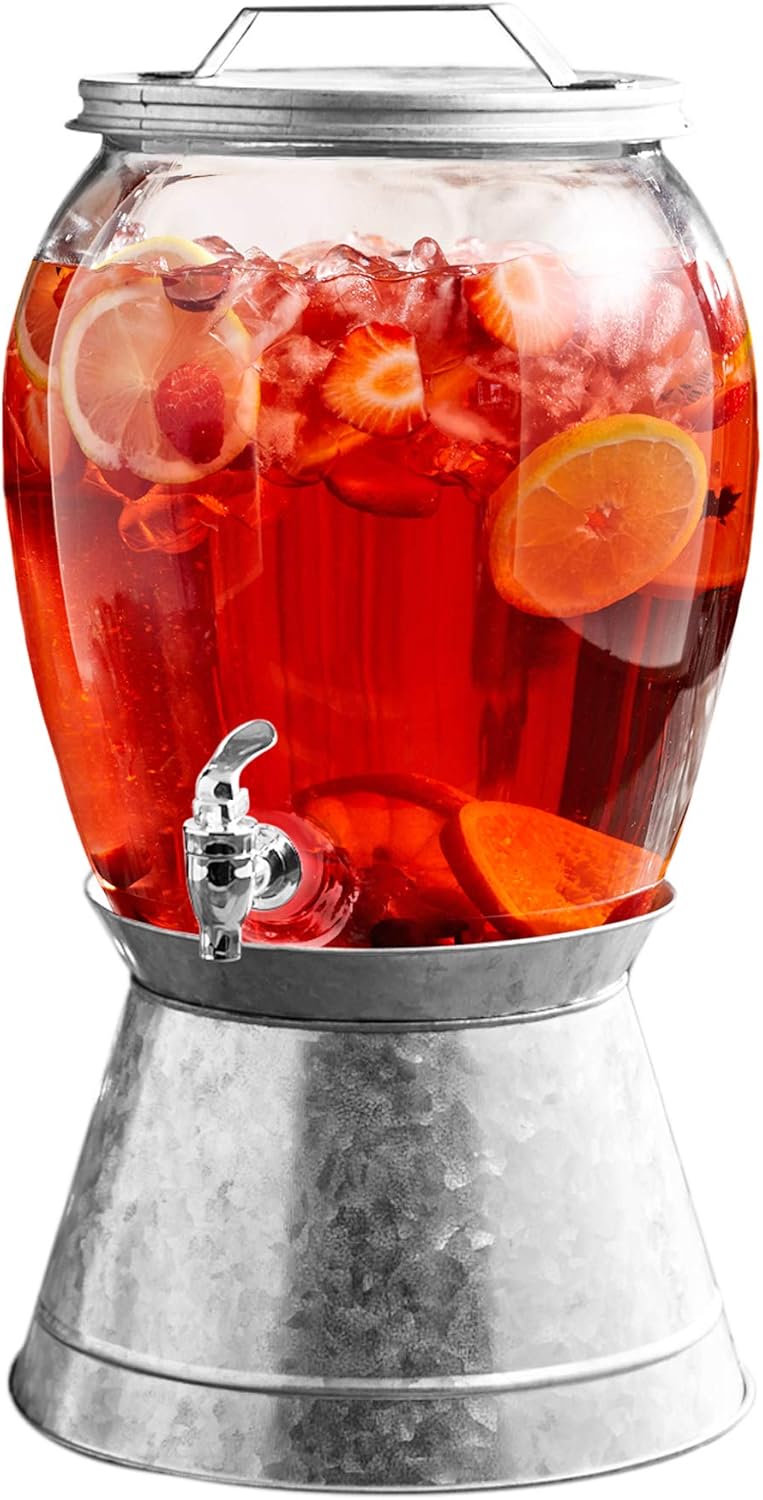 Style Setter Beverage Dispenser Cold Drink Dispenser Glass Jug, Metal Stand & Leak-Proof Acrylic Spigot Great for Parties, Weddings & More (With Metal Rack)