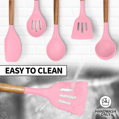 Zulay Kitchen Utensils Set Non-Stick Silicone Cooking Utensils Set with Authentic Acacia Wood Handles - 5 Piece Silicone Utensil Set - Kitchen Utensils Set with 464°F Heat Resistance - Gray