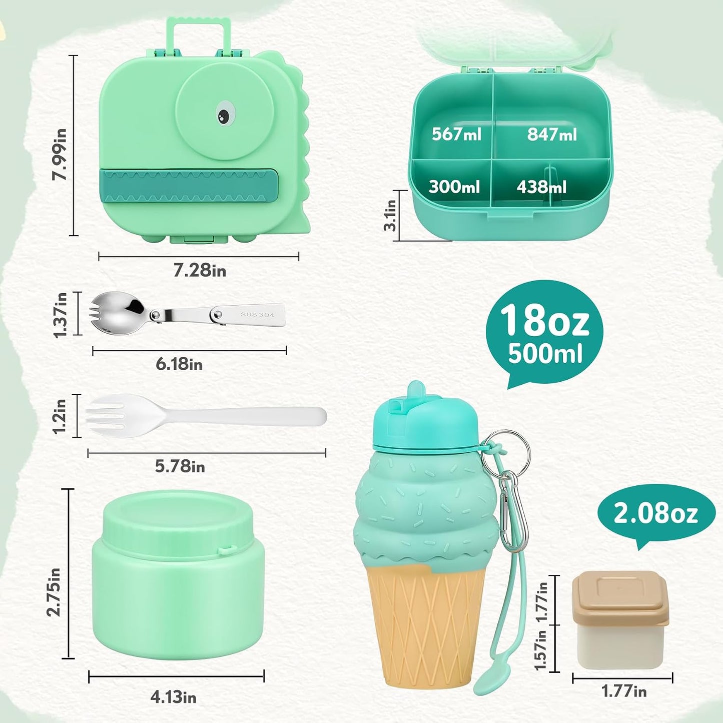 Aimsnk Magical Dinosaur Kids Lunch Box Set -12oz Insulated Food Jar, Leakproof Lunch Food Containers Cutlery, Leak-Proof Sauce Cup & Spoon, Gradient Green+Jar Green