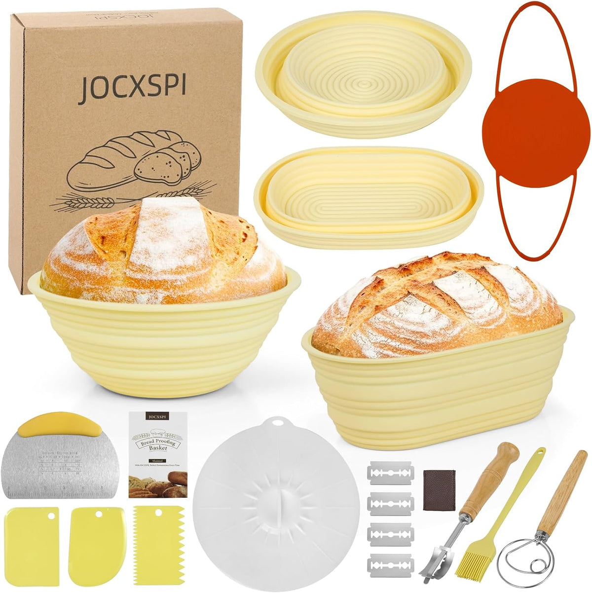JOCXSPI Upgraded Thickened Silicone Banneton Proofing Baskets with Lids
