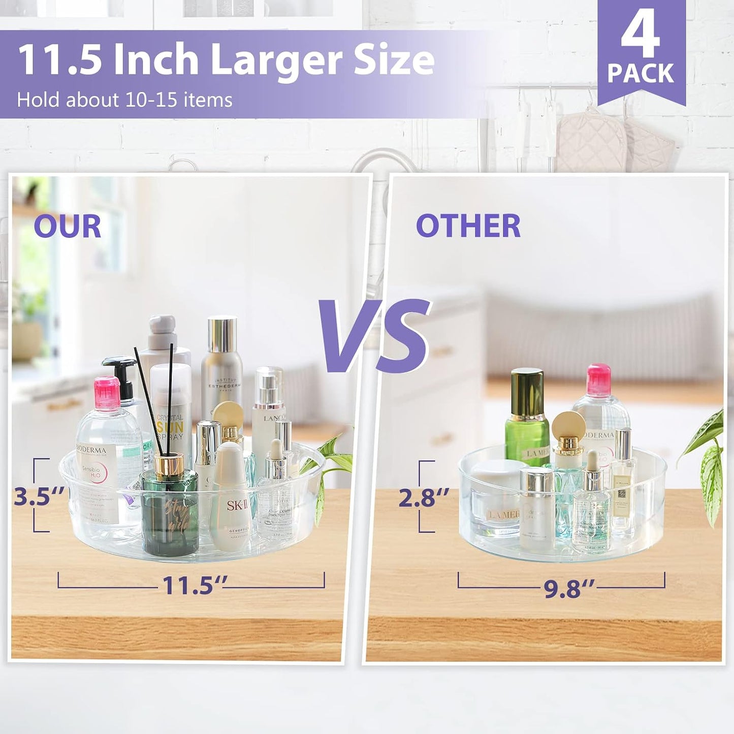 GUZON 4 Pack Lazy Susan Organizer for Cabinet, Upgraded 11.5" Clear Turntable Organizer with Handles and Raised Edge, Lazy Susan for Table Top, Pantry Organizers and Storage for Kitchen, Refrigerator