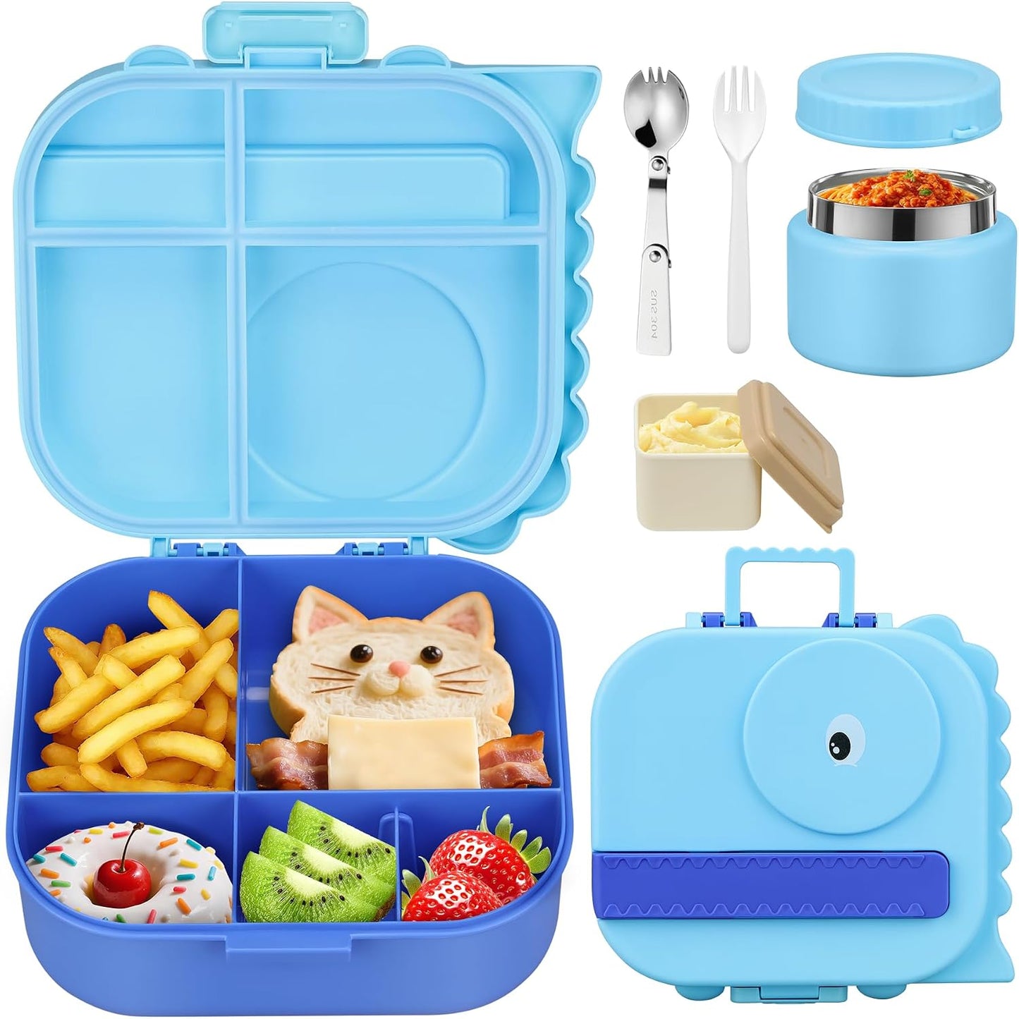 Lunch Box Kids with 5 Compartments, Insulated Food Jar & Utensils, Leak Proof Bento Box with Sauce Container, BPA-Free & Dishwasher Safe, Dinosaur Design(Purple)