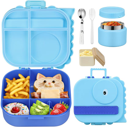 Lunch Box Kids with 5 Compartments, Insulated Food Jar & Utensils, Leak Proof Bento Box with Sauce Container, BPA-Free & Dishwasher Safe, Dinosaur Design(Purple)