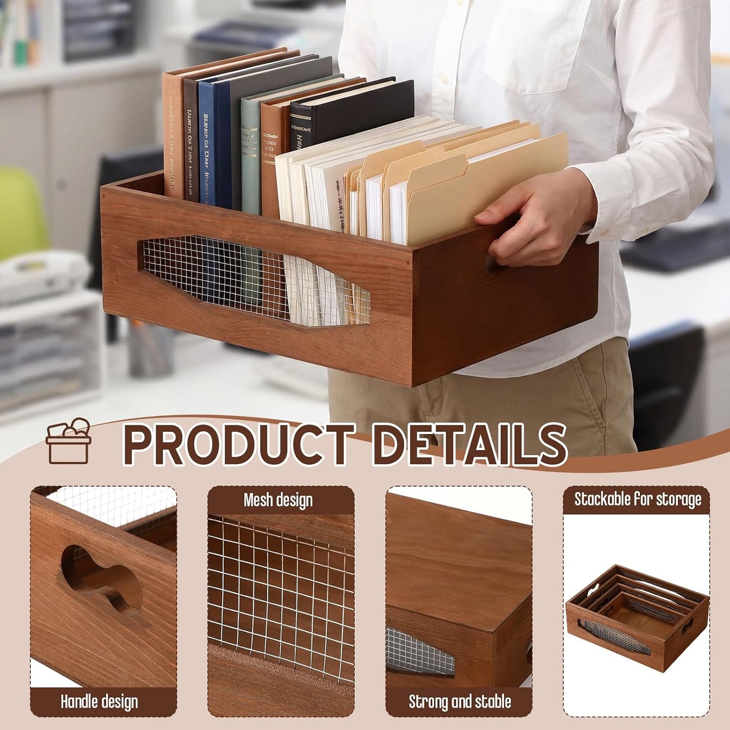 Novabright 4 Pcs Wooden Nesting Countertop Baskets 4 Size Wooden Storage Box with Handle and Metal Wire Multipurpose Wood Organizer Crate for Fruit Vegetable Kitchen Cabinet Bathroom, brown