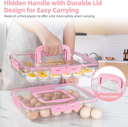 MesRosa 2 Pack Deviled Egg Containers with Lid and Handle, Durable Clear Plastic Deviled Egg Carrier Storage 48 Eggs, Stackable Egg Holder for Fridge, Portable Tray Platter for Party & Picnics-White