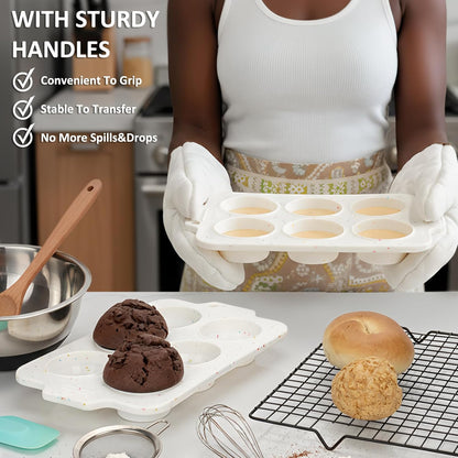 2 Pack Silicone Muffin Pan - Non Stick Collapsible Metal-Reinforced Frame Cupcake Pan with Handles 6 Cup Regular, BPA Free Cupcake and Medium Muffin Tray, Baking Pan Molds for Oven Dishwasher Safe