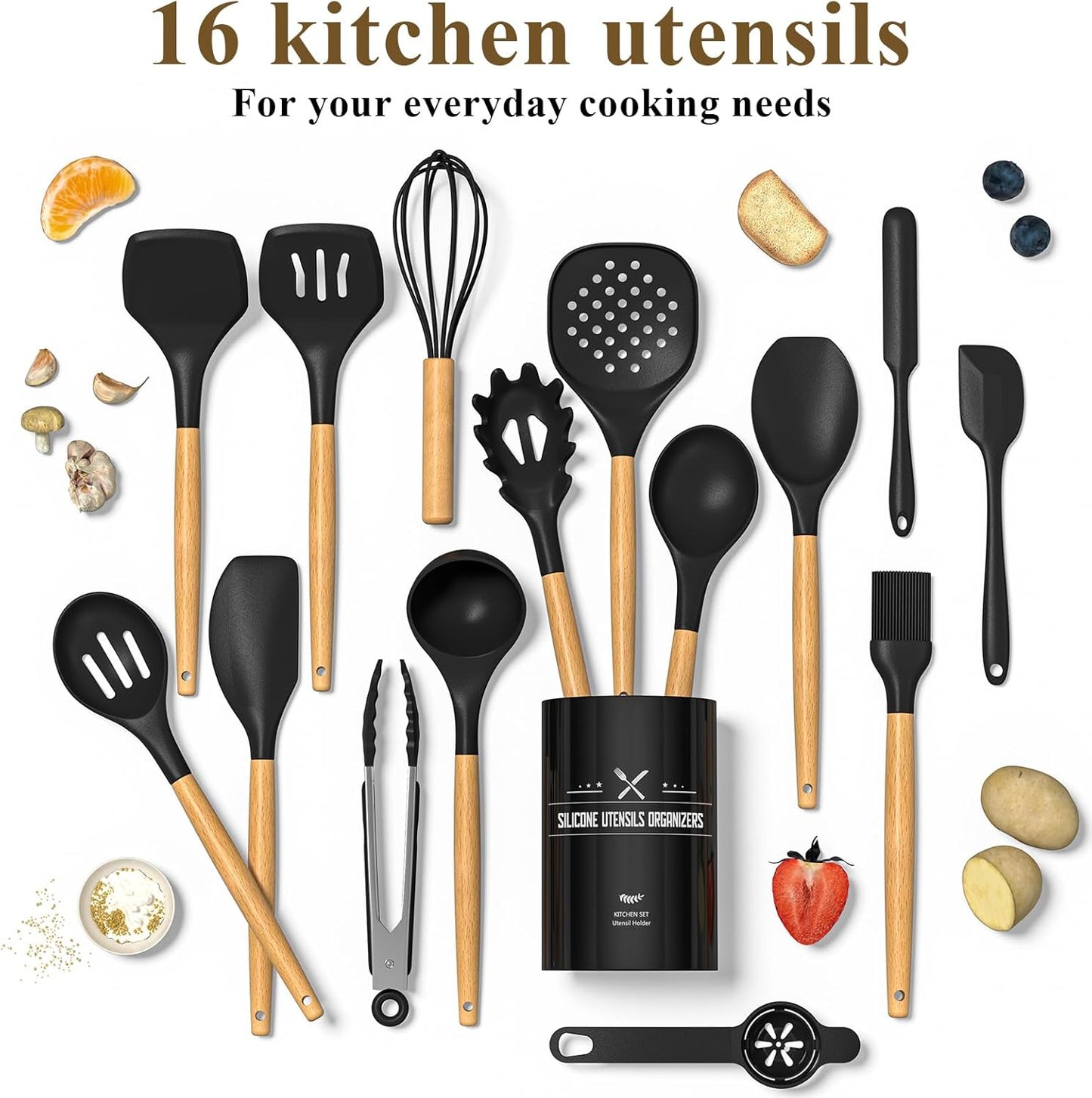 Kitchen Utensils Set, AIKKIL16 Pcs Cooking Utensils Set with Holder, Heat Resistance, Black Wooden Handle Silicone Kitchen Gadgets Utensil Set for Nonstick Cookware