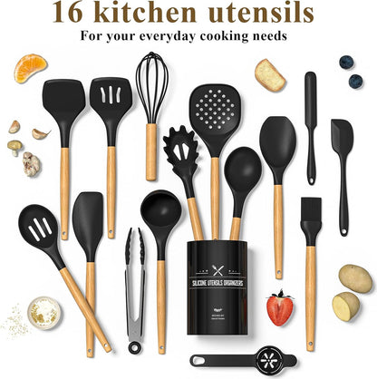 Kitchen Utensils Set, AIKKIL16 Pcs Cooking Utensils Set with Holder, Heat Resistance, Black Wooden Handle Silicone Kitchen Gadgets Utensil Set for Nonstick Cookware