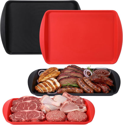 DoubleFill Set of 4 Grilling Prep and Serve Trays, 17x12 Inch 14x10 Inch Large BBQ Platter for Raw and Cooked Food Plastic Grill Tray, Black and Red Stackable Defrosting Grill Prep and Carry System