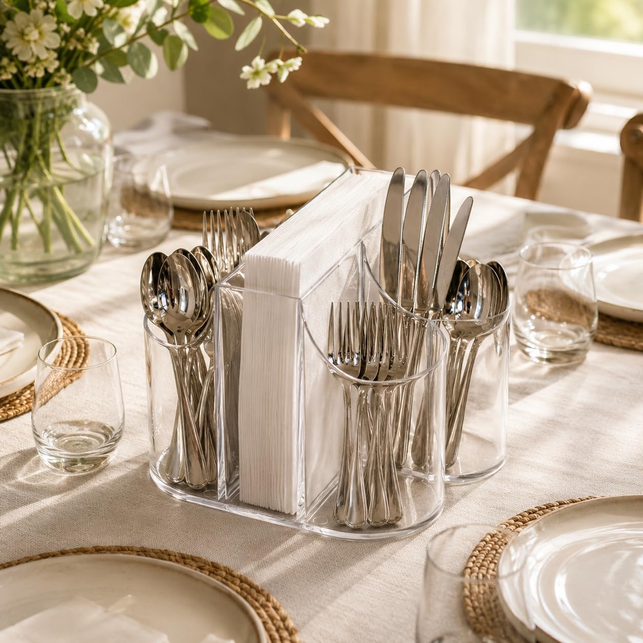 Lillian Tablesettings Cutlery Caddy Organizer 5 Compartment - Silverware Organizer & Napkin Holder - Clear, 1 Pack