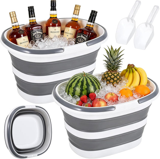 2Pcs Foldable Ice Bucket 3 Gallon Large Drink Buckets for Parties Portable Collapsible Beverage Tub with 2 Scoops for Champagne Cocktails Wine Fruit Cooling for Mimosa Bar Supplies