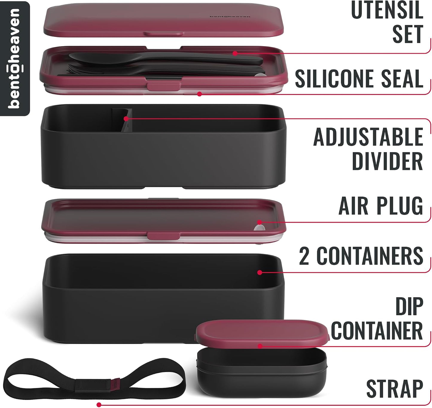 Bentoheaven Premium Bento Box Adult Lunch Box with Compartments for Women & Men, Set of Utensil & Chopsticks & Dip Container, Cute Japanese Kids Bento Lunch Box, Microwavable (Symph Onyx)