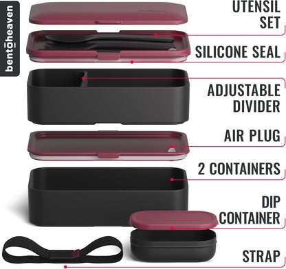 Bentoheaven Premium Bento Box Adult Lunch Box with Compartments for Women & Men, Set of Utensil & Chopsticks & Dip Container, Cute Japanese Kids Bento Lunch Box, Microwavable (Symph Onyx)