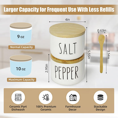 Farmhouse Salt And Pepper Containers,Salt Containers For Countertop,Stacked Ceramic Cellar With Bamboo Lid, Spice Box With Spoon,Seasoning Holder with lid,Ceramic Bowls (B&W H)