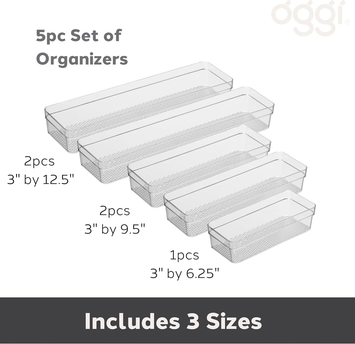 Oggi Clear Drawer Organizer - 3" X 12.5" - Ideal for Organizing Kitchen Drawers, Office, Desk, Silverware, Kitchen Utensils, Cosmetics and Bathrooms