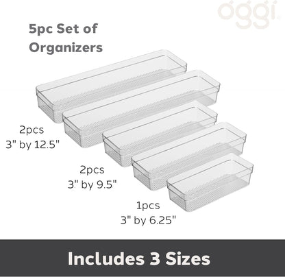 Oggi Clear Drawer Organizer - 3" X 12.5" - Ideal for Organizing Kitchen Drawers, Office, Desk, Silverware, Kitchen Utensils, Cosmetics and Bathrooms