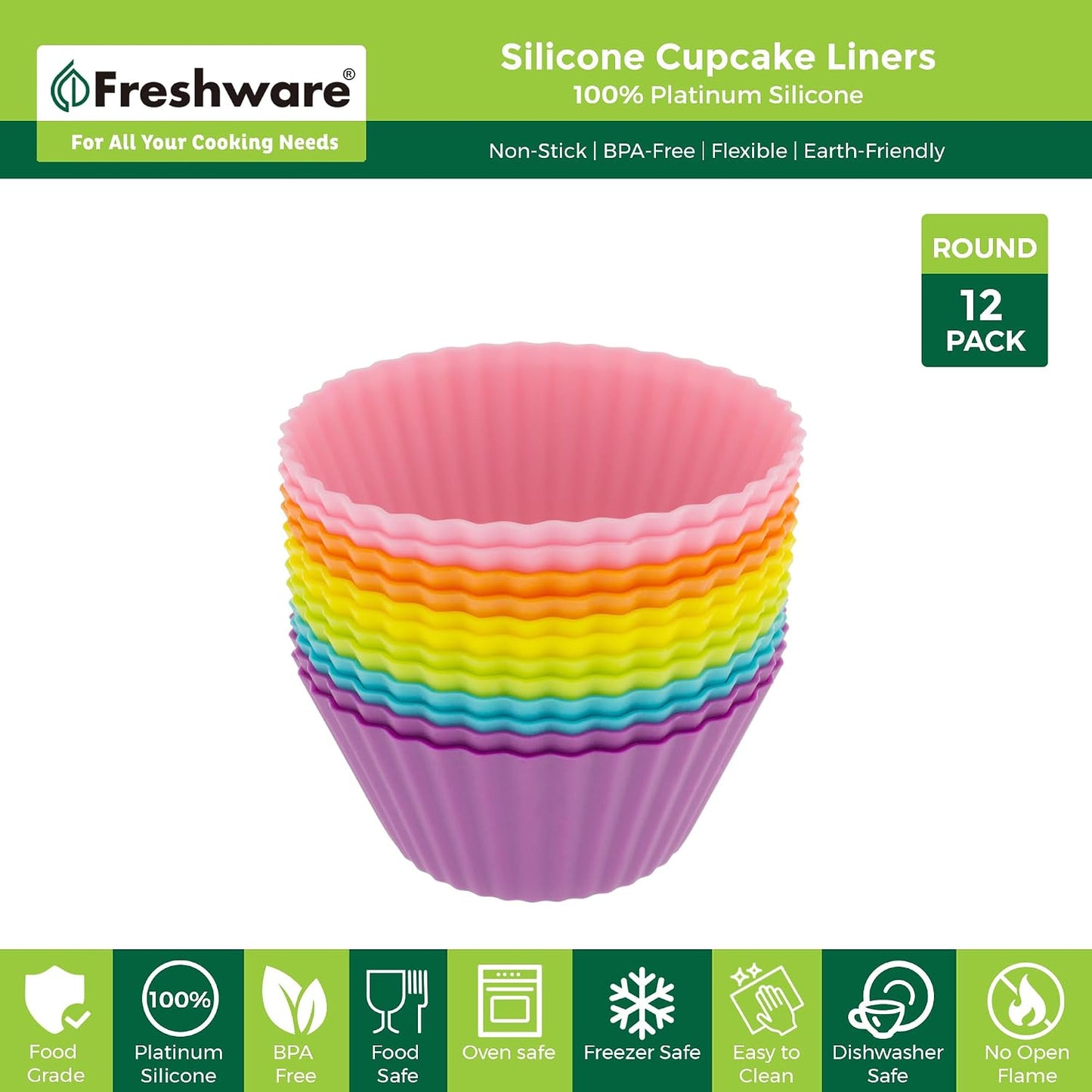 Freshware Cupcake Liners, Pack of 12 Silicone Muffin Cups, 3 Inch Baking Cups, Reusable & Non-stick Cupcake Liners for Party Halloween Christmas, Flower