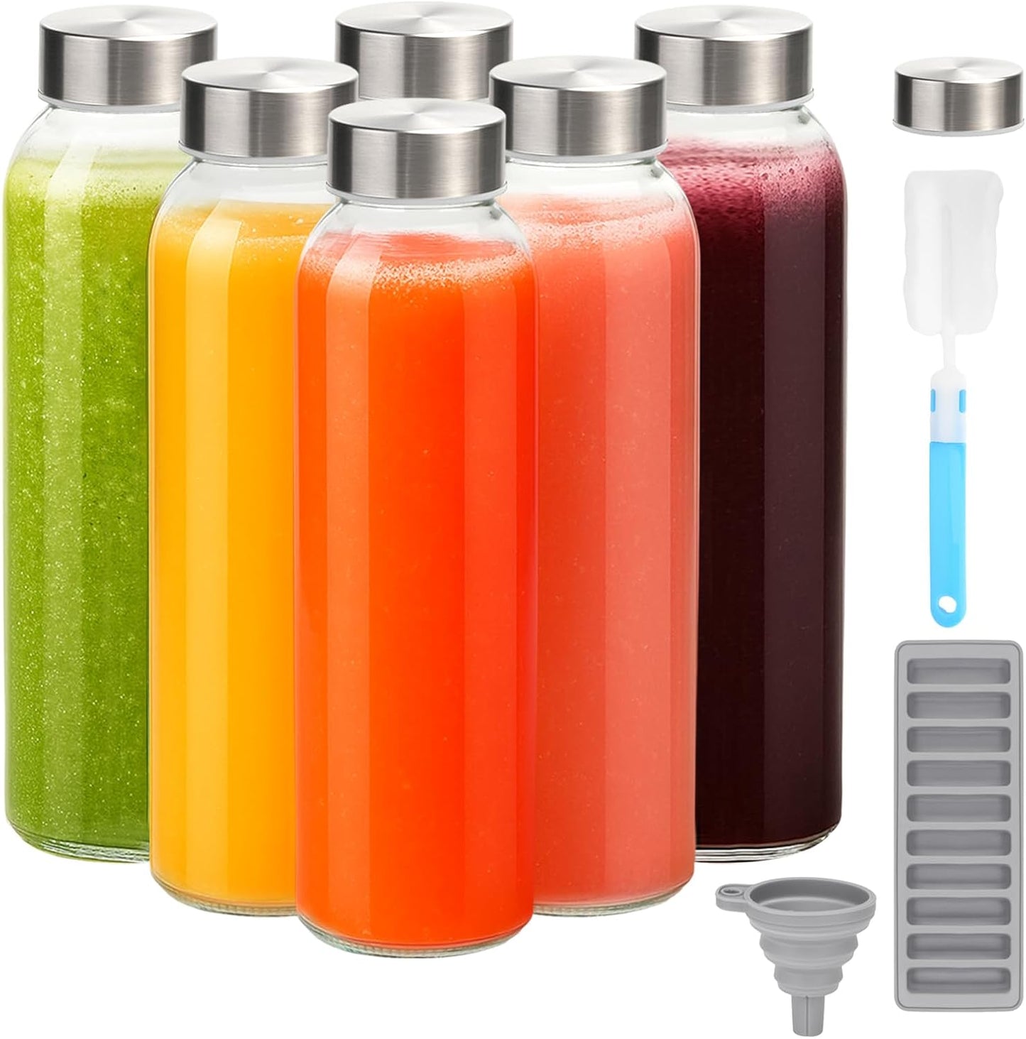 Zukro Glass Juice Bottles with Lids for Juicing 18 oz, Reusable Clear Glass Water Bottles with Stainless Steel Airtight Cap for Refrigerator, 100% Leak Proof Drinking Jar, BPA Free, Set of 6