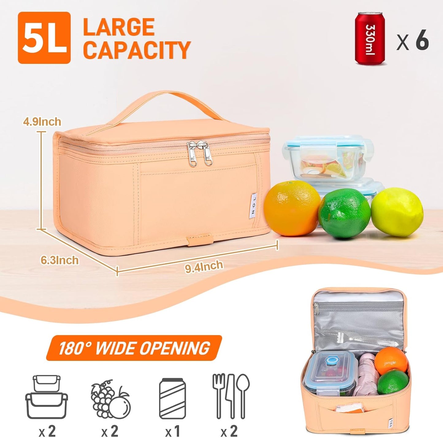 NOL Mini Insulated Lunch Bag for Women Men Kids | Small Leakproof Reusable Lunch Tote | Fits 6 Cans 330ml | Thermal Cooler for Work School Picnic Camping, Navy blue
