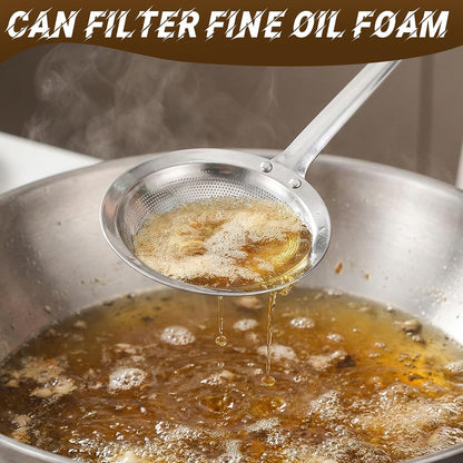 Qianyu Hot Pot Fat Skimmer Spoon Extra Fine Strainer With Handle Fine Mesh Stainless Steel Colander Broth Foam Filter Ladle Food Strainer Kitchen Gadget for Skimming Grease Baking Oil Flour Sifter