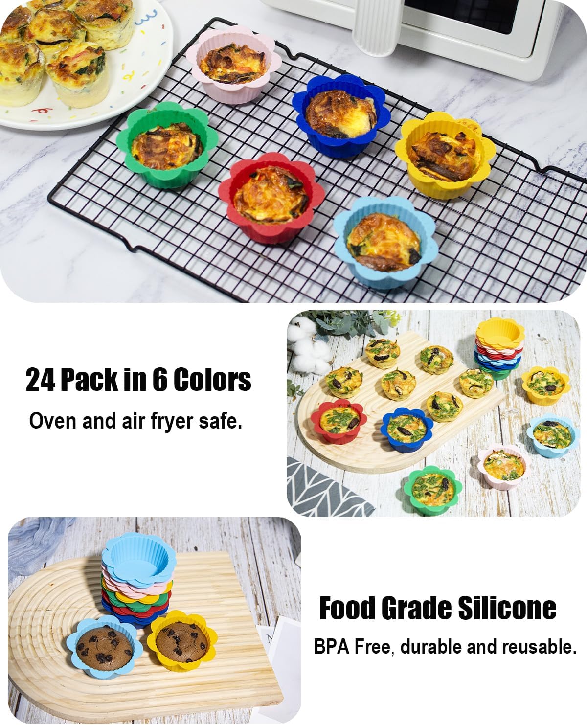 24 Pcs Silicone Muffin Liners with Tabs, Reusable Cupcake Liners for Steel Muffin Pan, Non-Stick Baking Cups (24Pcs-6Colors)