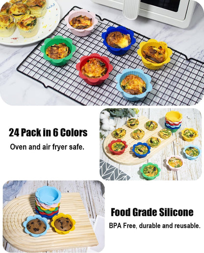 24 Pcs Silicone Muffin Liners with Tabs, Reusable Cupcake Liners for Steel Muffin Pan, Non-Stick Baking Cups (24Pcs-6Colors)