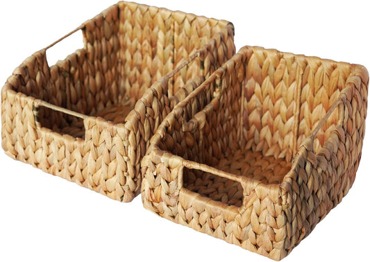Set of 2 Wicker Pantry Basket – Handwoven Water Hyacinth Wicker Storage Baskets with Handles – Decorative Woven Baskets for Kitchen, Shelves & Organizing