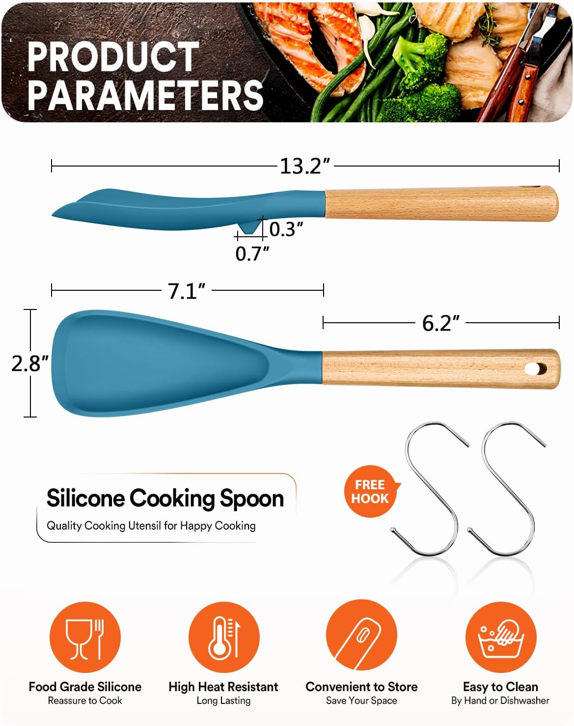 Cooking Spoon for Nonstick Cookwares, Great for Cooking and Serving Sturdy BPA-Free Matte Silicone, Wood Handle Spoon for Mixing, Scoop, and Scrape (Black & Grey, 11.4 inch)