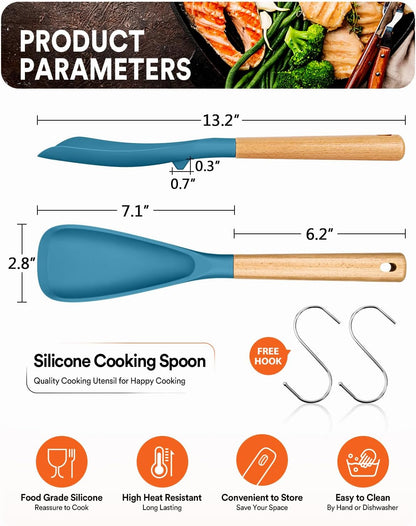 Cooking Spoon for Nonstick Cookwares, Great for Cooking and Serving Sturdy BPA-Free Matte Silicone, Wood Handle Spoon for Mixing, Scoop, and Scrape (Black & Grey, 11.4 inch)