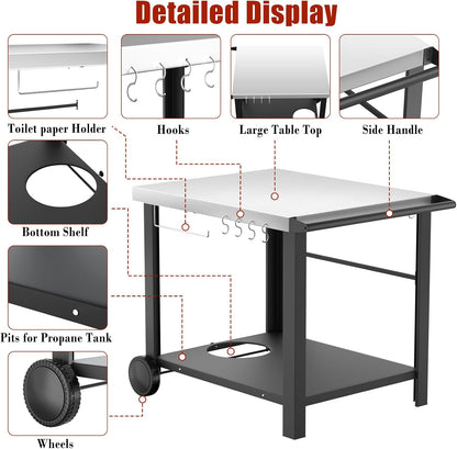 Upgraded Pizza Oven Cart Table for Ooni Koda/Karu/Fyra 16 & 12, Movable Thicken & Widen Rolling Kitchen Cart, Outdoor Grill Stand for Ninja Woodfire,Blackstone Griddle,Barbecue Tool Set