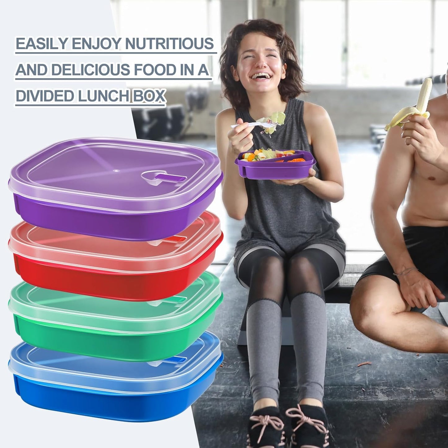 Hushee 4 Pcs Microwave Food Storage Tray Containers with Ventilation Lids 3 Compartment Divided Plates Portion Plate Fits Microwave Fridge(Rectangle,Mixed Colors,10.04 x 6.38 x 2.24 Inch)