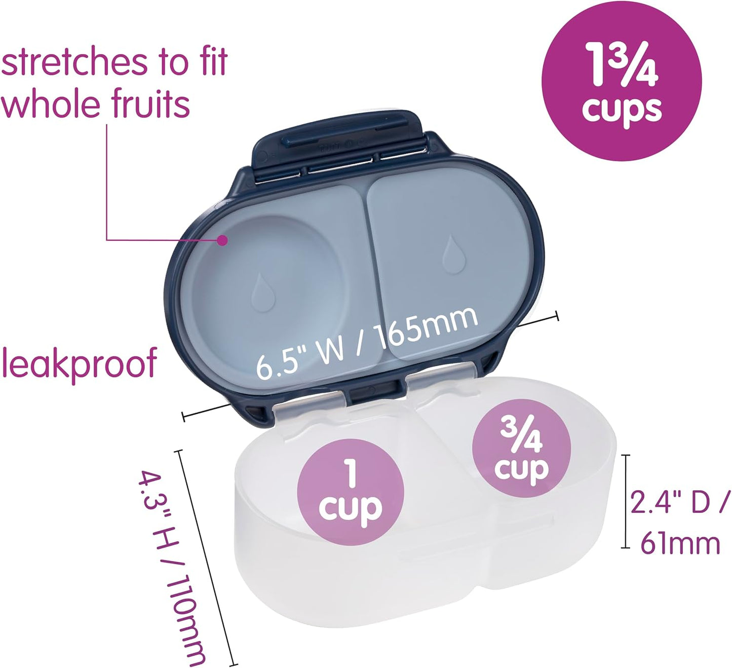 b.box Snack Box 2-Pack - Leak Proof Mini Bento Box for Kids & Toddlers, 2 Compartment Snack Containers for Kids, Dishwasher Safe, BPA-Free, PFAS-Free, Ages 4mo+, 1 3/4 Cup Each (Strawberry + Lilac)
