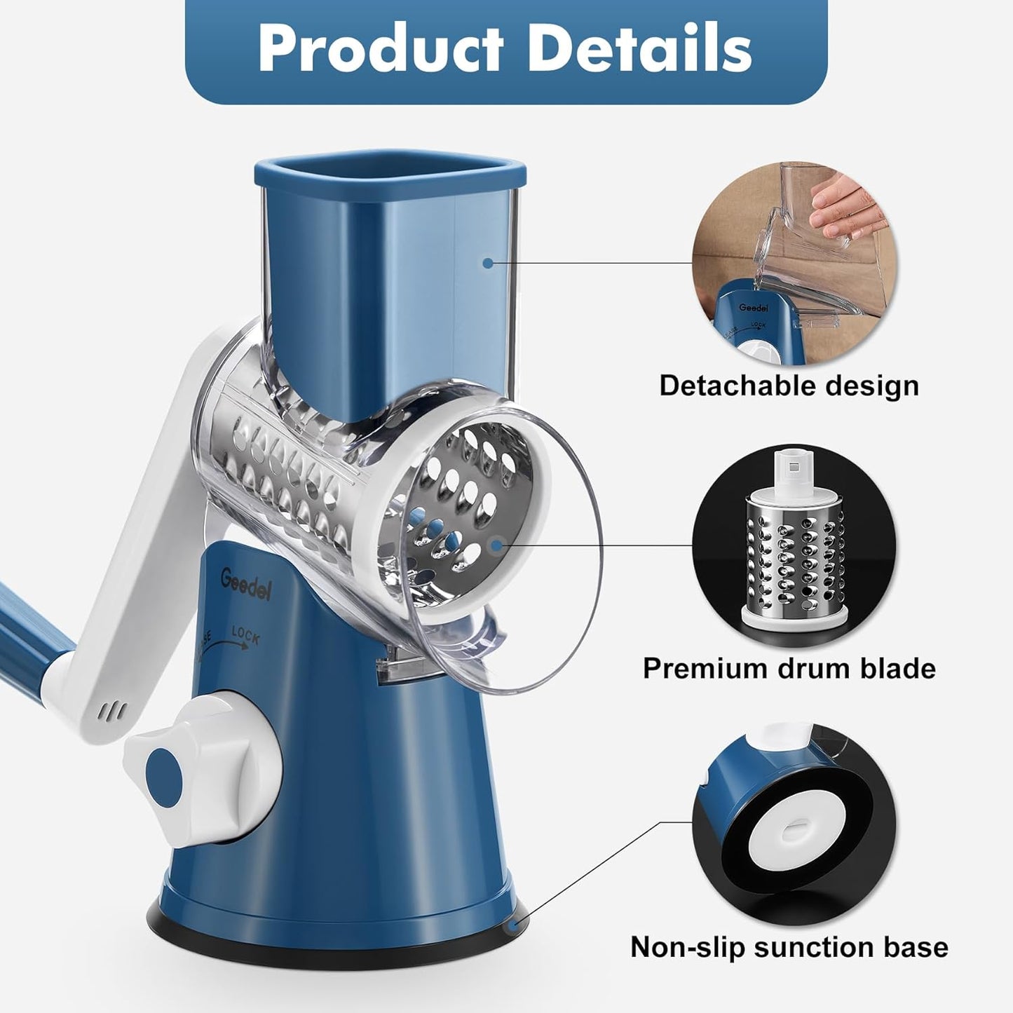 Geedel Rotary Cheese Grater, Kitchen Mandoline Vegetable Slicer with 3 Interchangeable Blades, Easy to Clean Rotary Grater Slicer for Cheese, Vegetables, Nuts