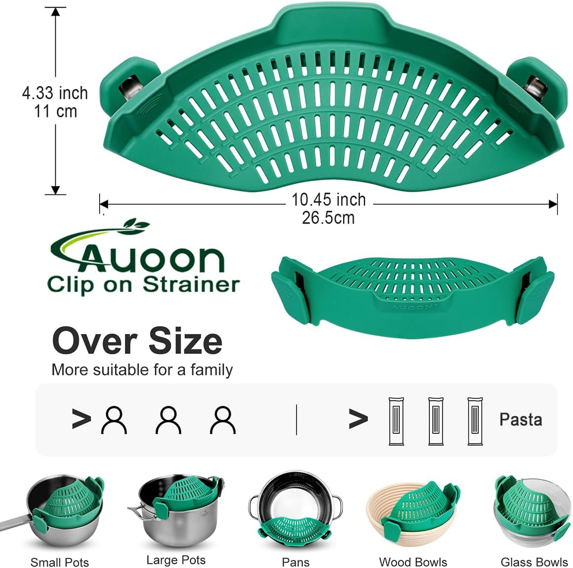 AUOON Clip On Strainer Silicone for All Pots and Pans, Pasta Strainer Clip on Food Strainer for Meat Vegetables Fruit Silicone Kitchen Colander