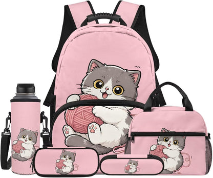 Cute Capybara Pizza Backpack for Girls, 5 Pcs Boys School Bag Set for Kids, 17 Inch Backpacks Lunch Pencil Box Reusable Utensils Case Set for Middle Elementary School, 3rd Grade Backpack