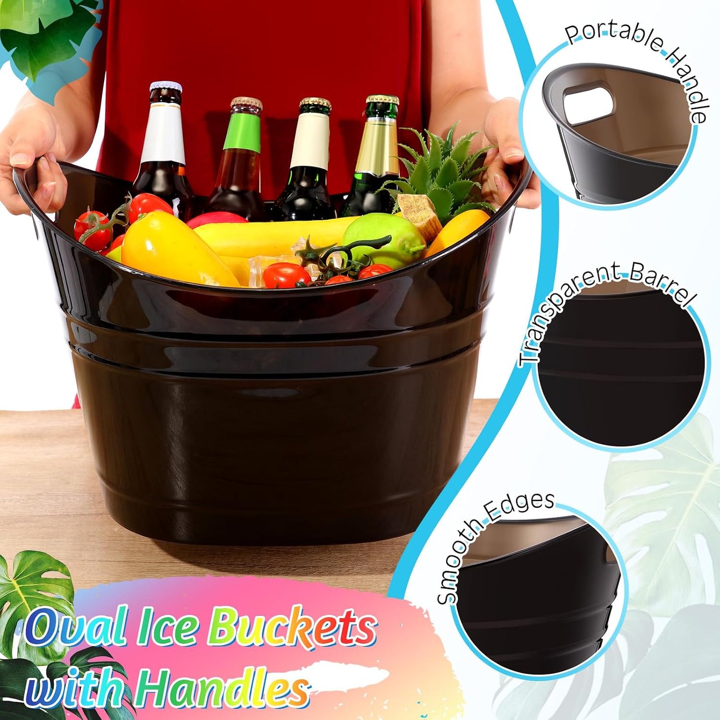 meekoo 6 Pcs Plastic Ice Buckets Bulk with Handles 4.5L Oval Storage Tub Large Capacity Ice Drink Bucket for Party Bar Wine Beer Champagne Beverage Bottle Cooler (4.5 L,Orange)