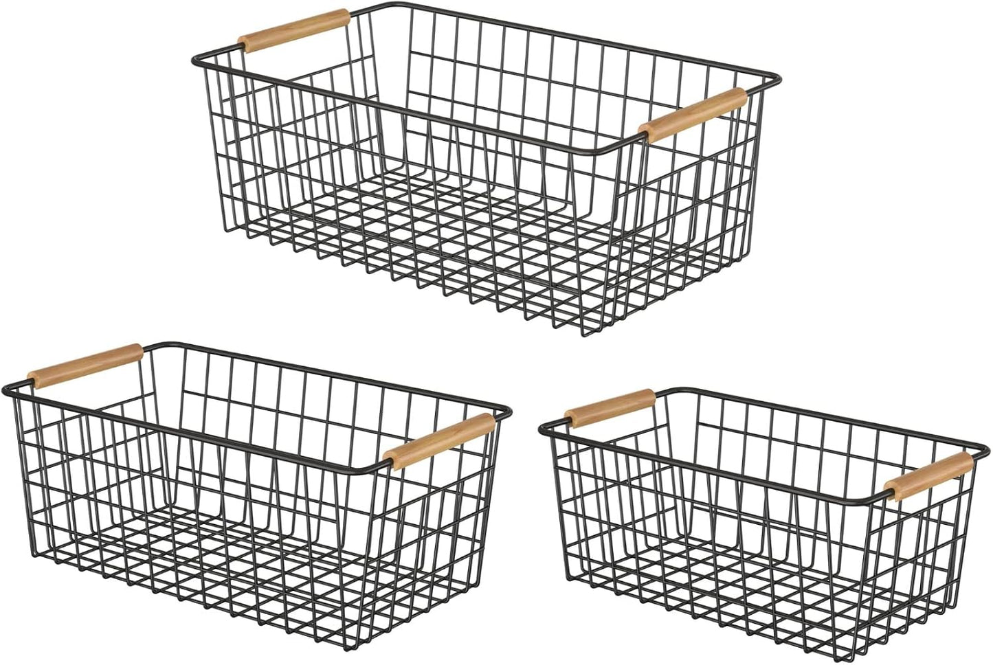 YOUVIP Wire Storage Baskets with Wooden Handles, 3 Pack Metal Organizer Baskets for Kitchen, Pantry, Freezer, Laundry,Farmhouse,Bathroom Baskets for Organizing,Black (1 Small, 1 Medium, 1 Large)