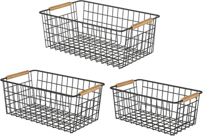 YOUVIP Wire Storage Baskets with Wooden Handles, 3 Pack Metal Organizer Baskets for Kitchen, Pantry, Freezer, Laundry,Farmhouse,Bathroom Baskets for Organizing,Black (1 Small, 1 Medium, 1 Large)