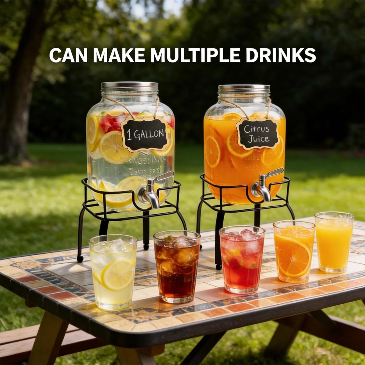 2 Pack1 Gallon Glass Drink Dispensers For Parties,Beverage Dispenser with Stand,304 Stainless Steel Spigot Leakproof,Lemonade Dispenser for Sun Tea, Homemade Juice