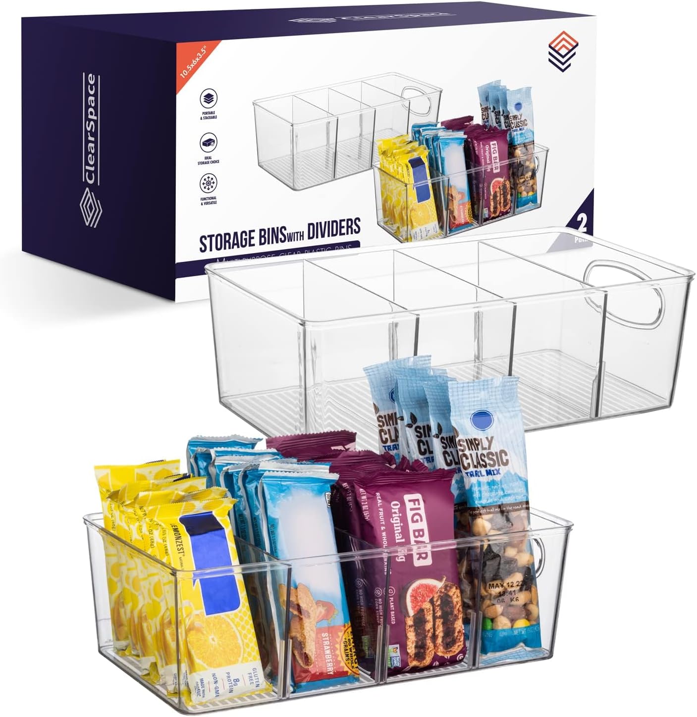 ClearSpace Plastic Pantry Organization and Storage Bins with Removable Dividers – Perfect Kitchen Organization or Kitchen Storage – Refrigerator Organizer Bins, Cabinet Organizers (4 Pack XL)
