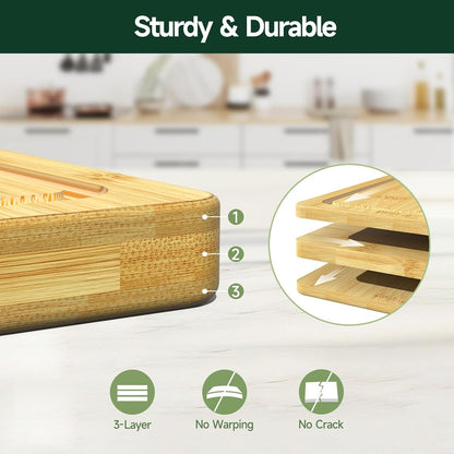 3-Piece Set Bamboo Cutting Board for Kitchen - Crack-Resistant Wood Chopping Boards with Deep Juice Grooves, Pre-Oiled Butcher Block for Meat, Vegetables & Cheese, Carbonized